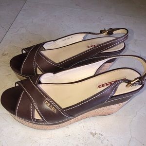 PRADA BROWN LEATHER WEDGE SANDALS